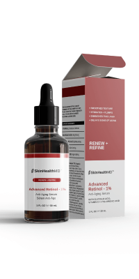 SkinHealthMD Retinol Serum Dropper Bottle and Open Package on a soft red background 